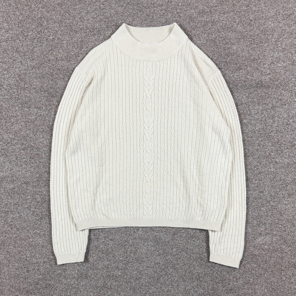 Mock Neck Lightweight Cable-knit Ribbed Pullover Sweater Women’s L Oatmeal Beige